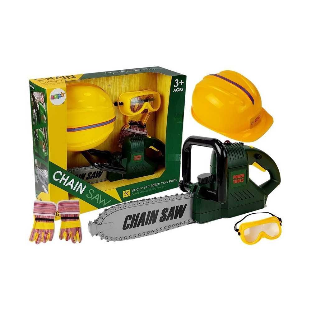 Set of tools, saw with batteries, helmet, gloves and safety glasses