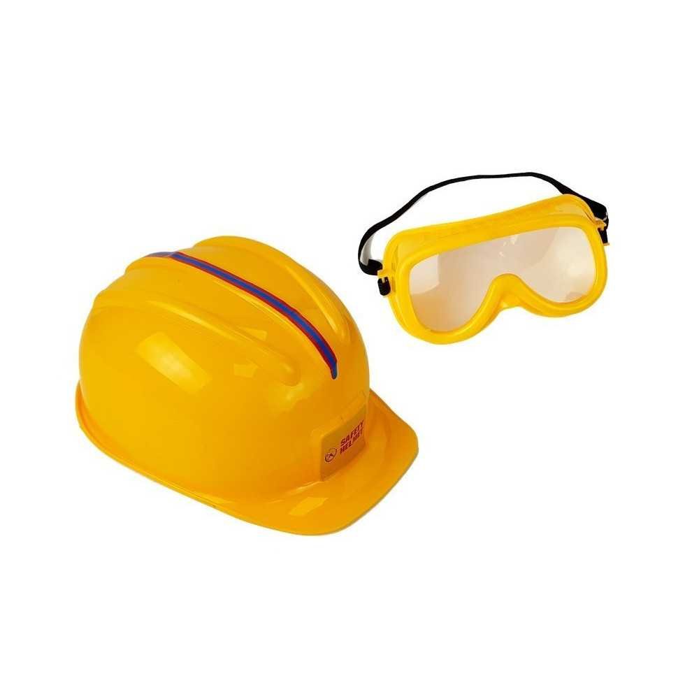 Set of tools, saw with batteries, helmet, gloves and safety glasses