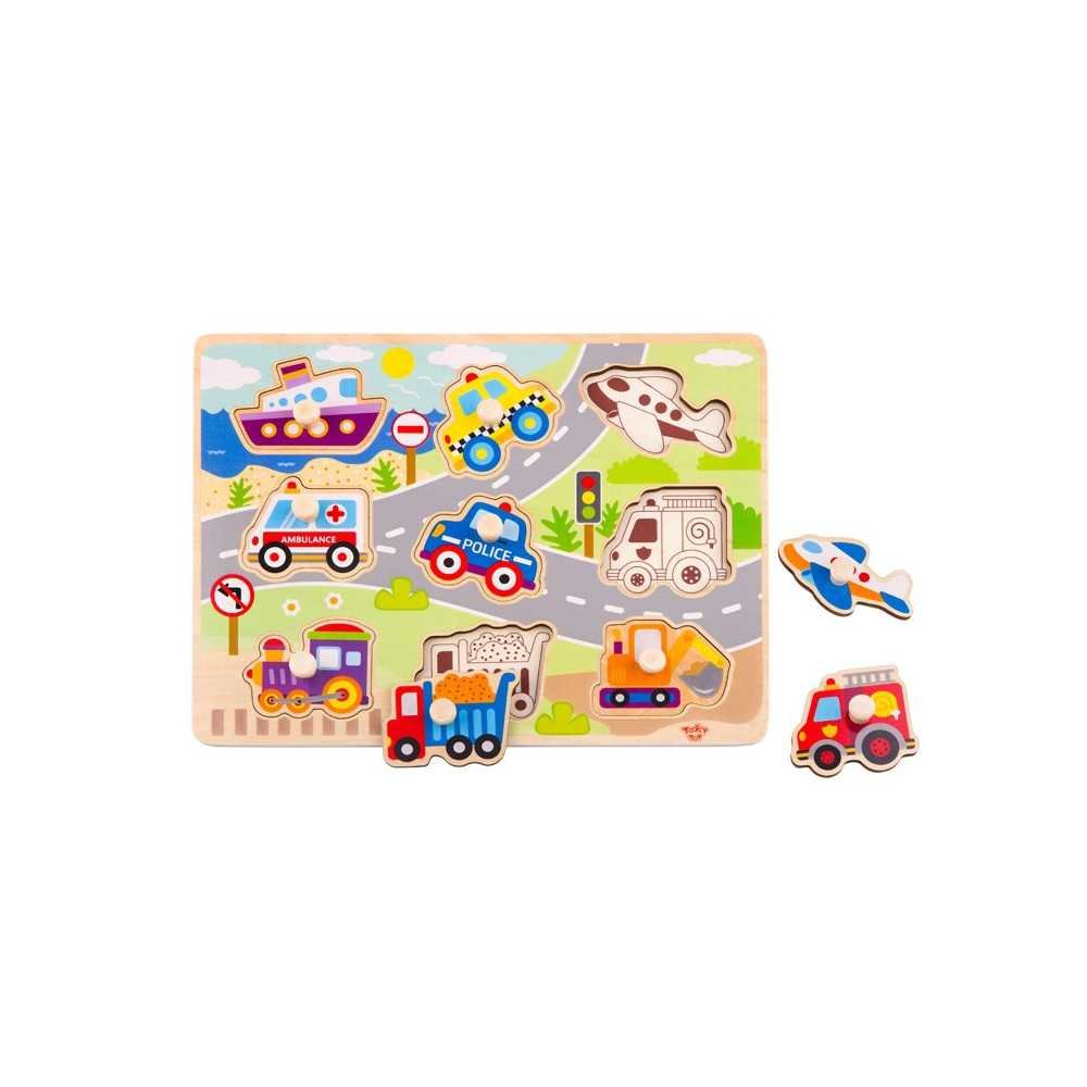 TOOKY TOY Drewniane Puzzle Montessori Transport Pojazdy z Pinezkami Do Dopasowania					