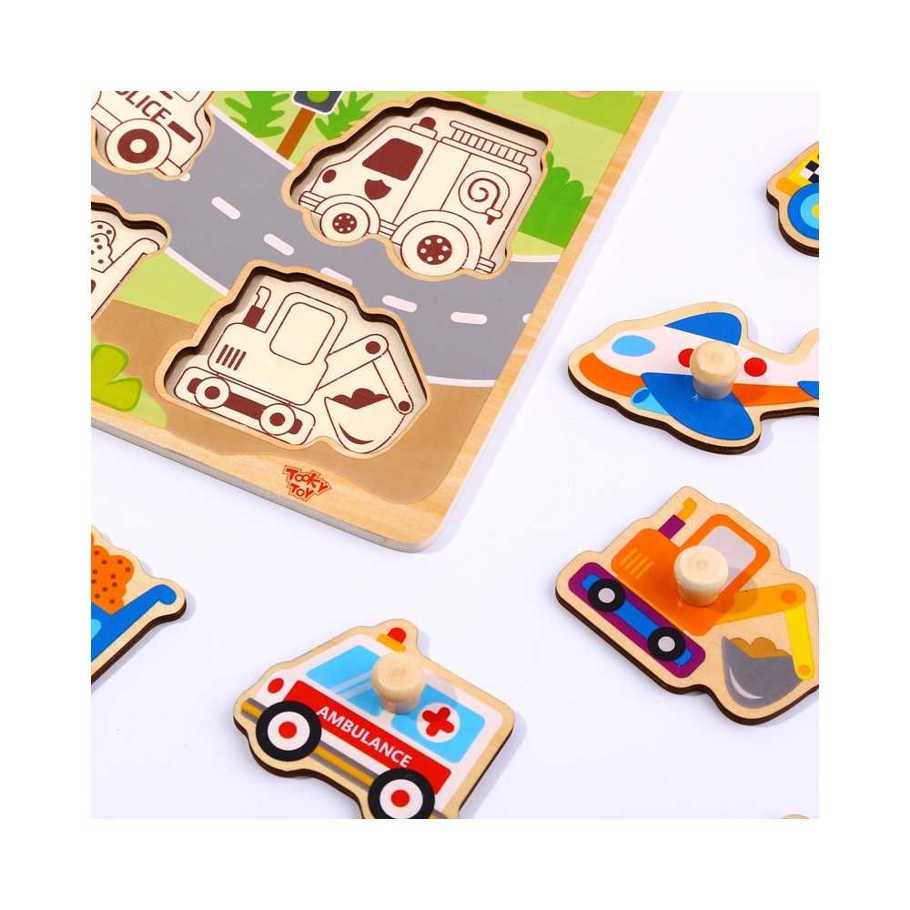 TOOKY TOY Drewniane Puzzle Montessori Transport Pojazdy z Pinezkami Do Dopasowania					