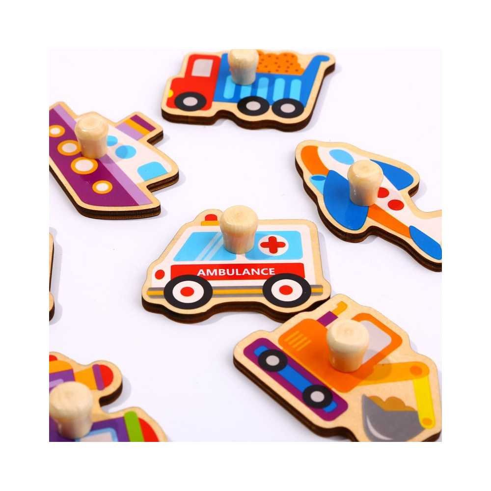 TOOKY TOY Drewniane Puzzle Montessori Transport Pojazdy z Pinezkami Do Dopasowania					