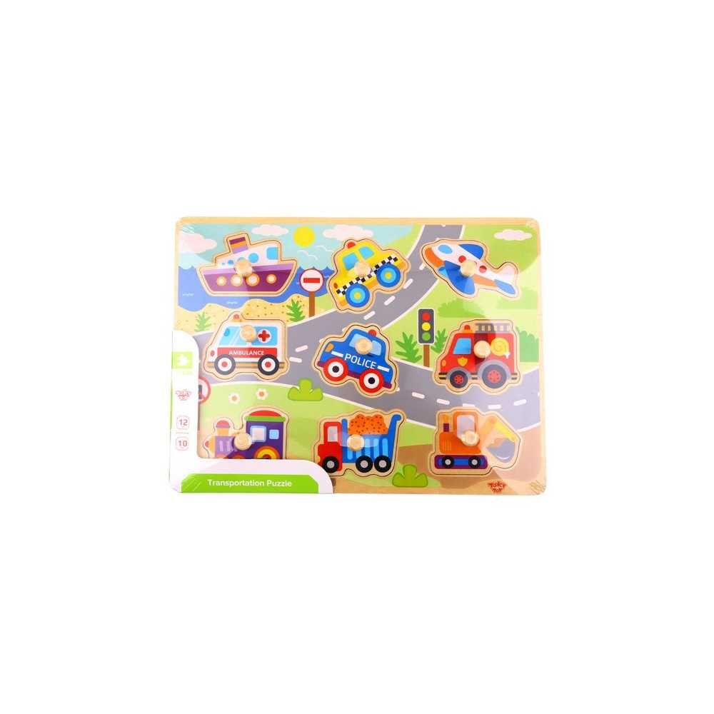 TOOKY TOY Drewniane Puzzle Montessori Transport Pojazdy z Pinezkami Do Dopasowania					