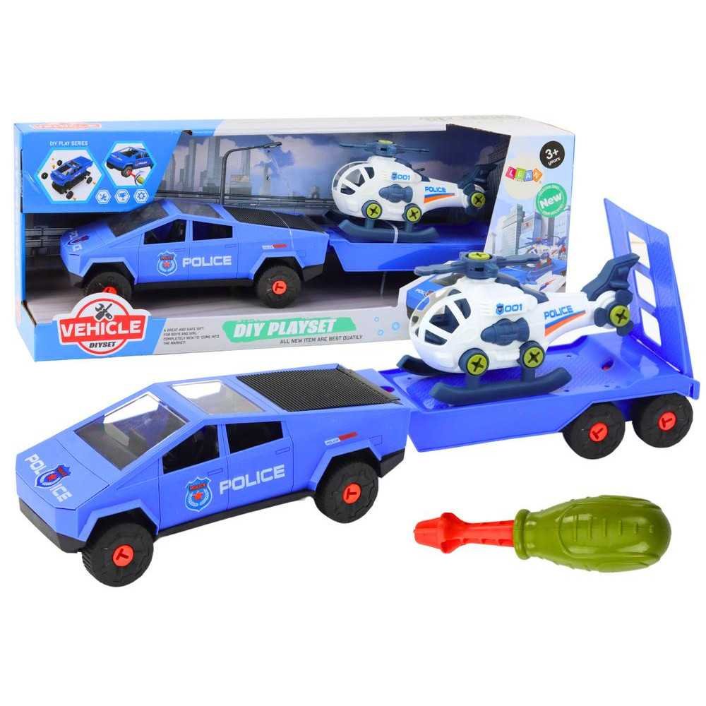 Modern Car Set with a Helicopter and a Tow Truck for Dismantling DIY Blue