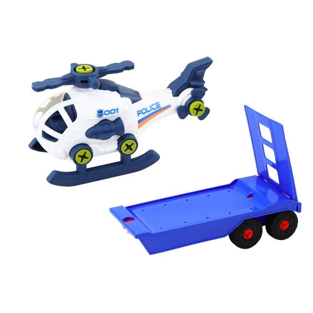 Modern Car Set with a Helicopter and a Tow Truck for Dismantling DIY Blue