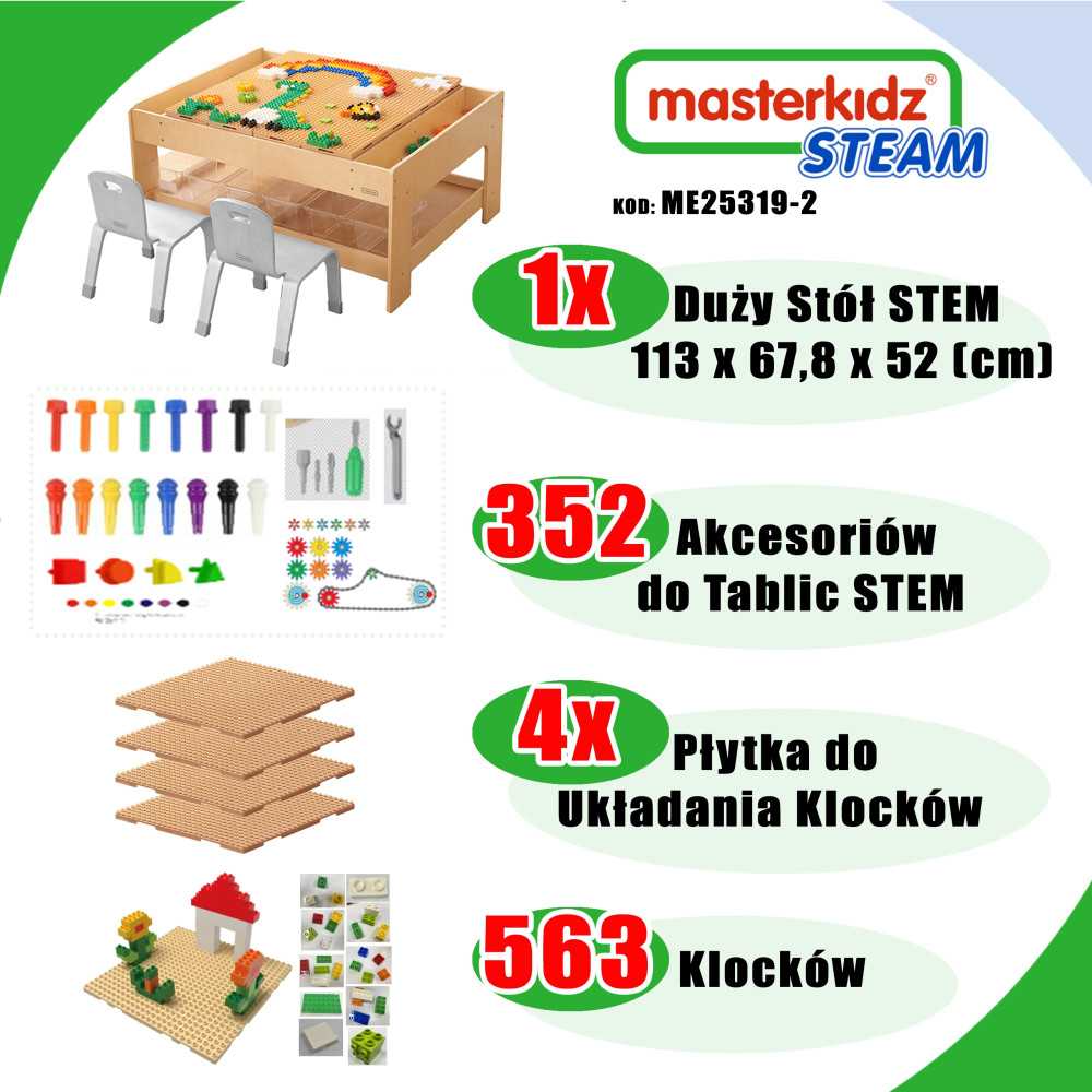 MASTERKIDZ Drewniany Stół Edukacyjny + AKCESORIA STEM WALL + 563 Klocków					