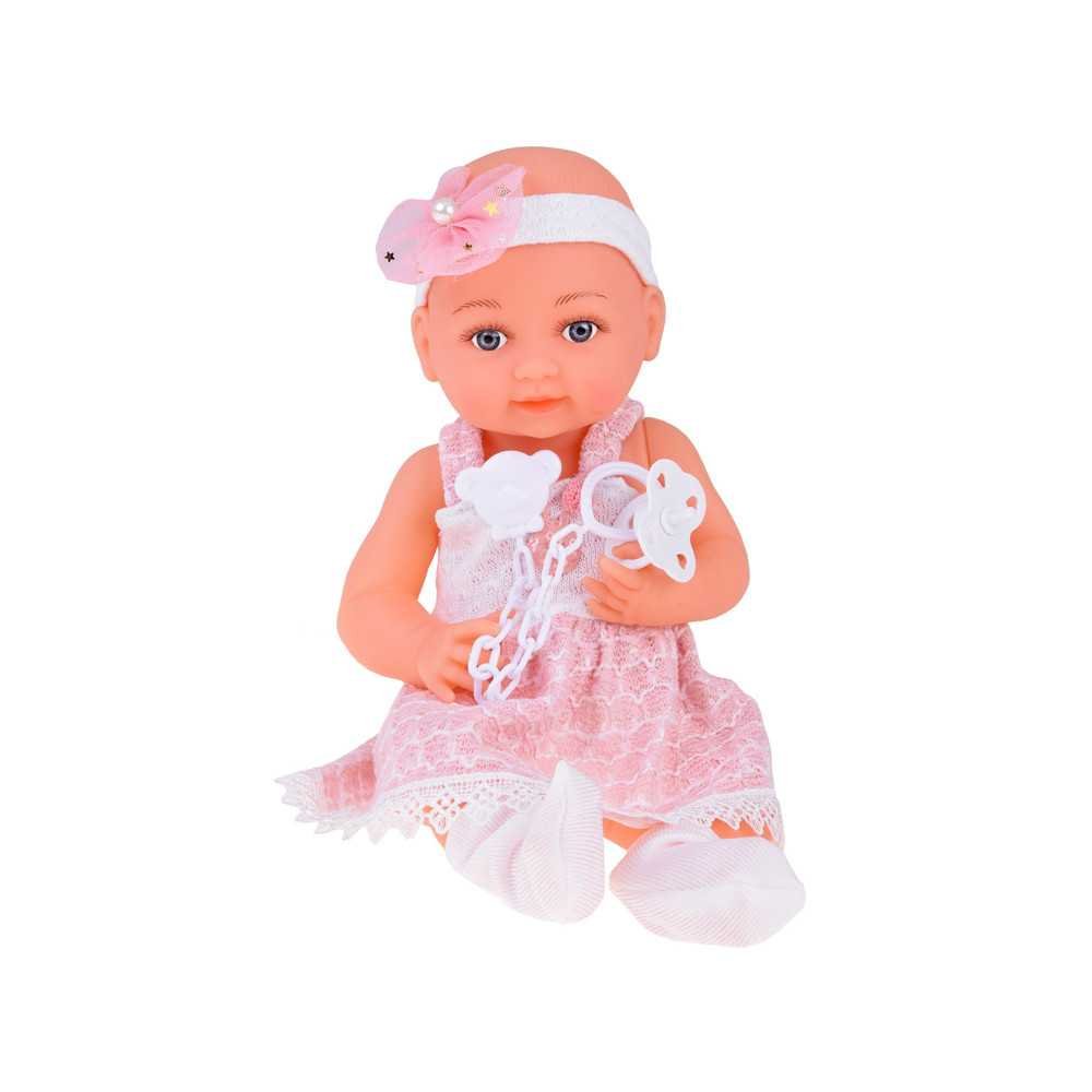 Rubber baby doll in a pink dress, bottle, pacifier ZA5235