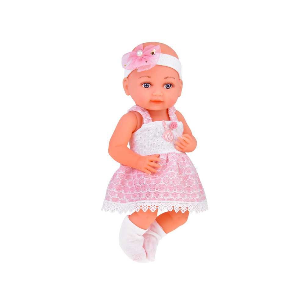 Rubber baby doll in a pink dress, bottle, pacifier ZA5235