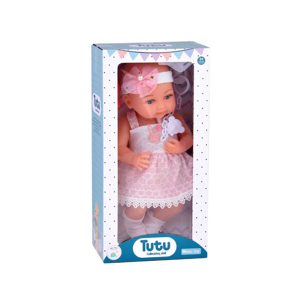 Rubber baby doll in a pink dress, bottle, pacifier ZA5235