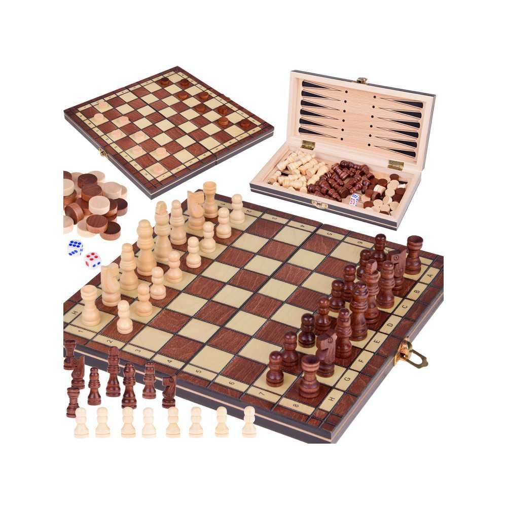 SET 3in1 Wooden game Chess Checkers Backgammon double-sided board GR0692