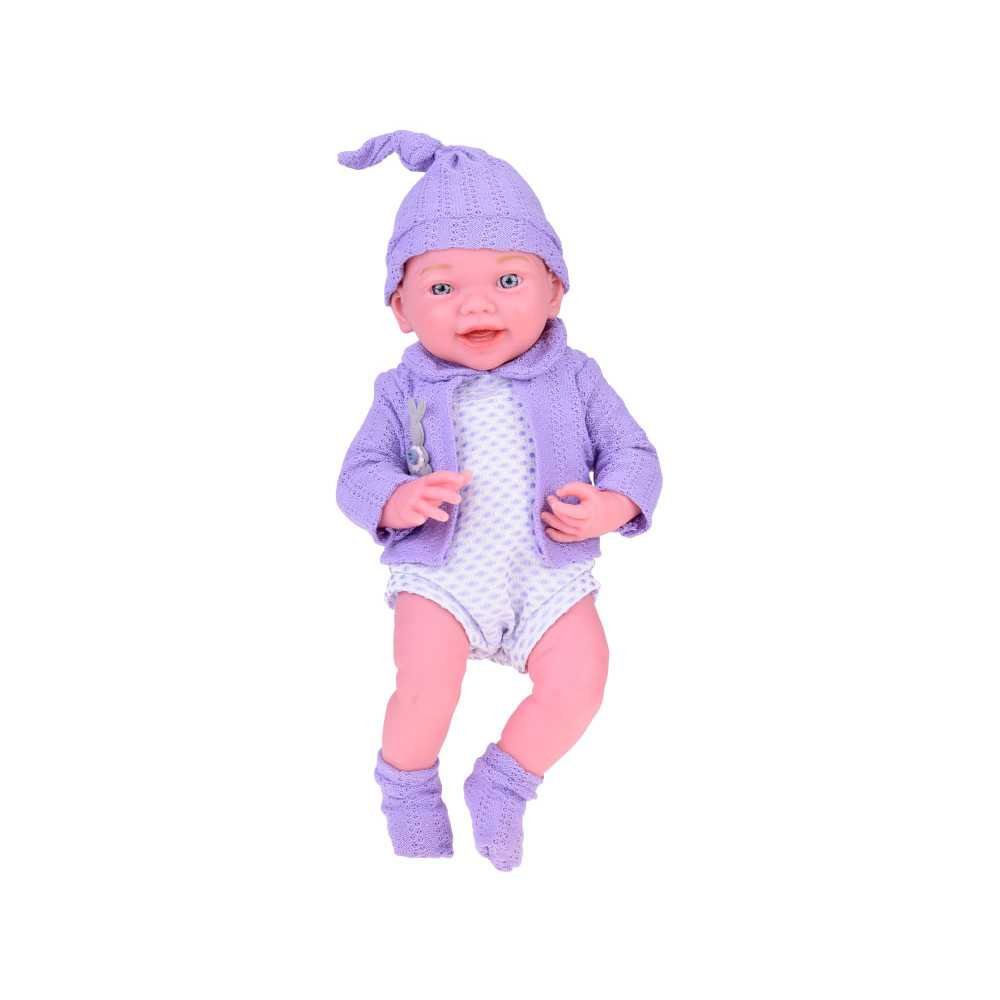 Smiling baby doll in purple sweater + hat 40 cm ZA5321