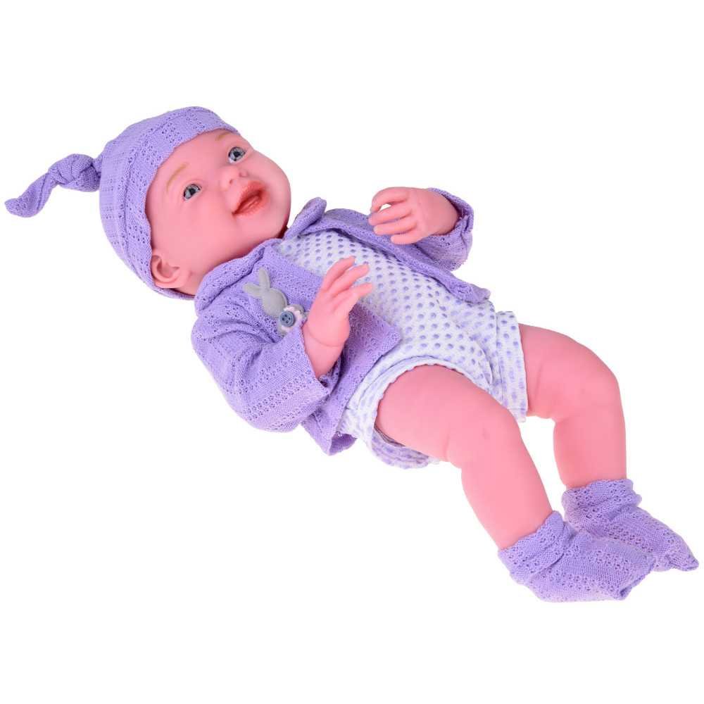 Smiling baby doll in purple sweater + hat 40 cm ZA5321