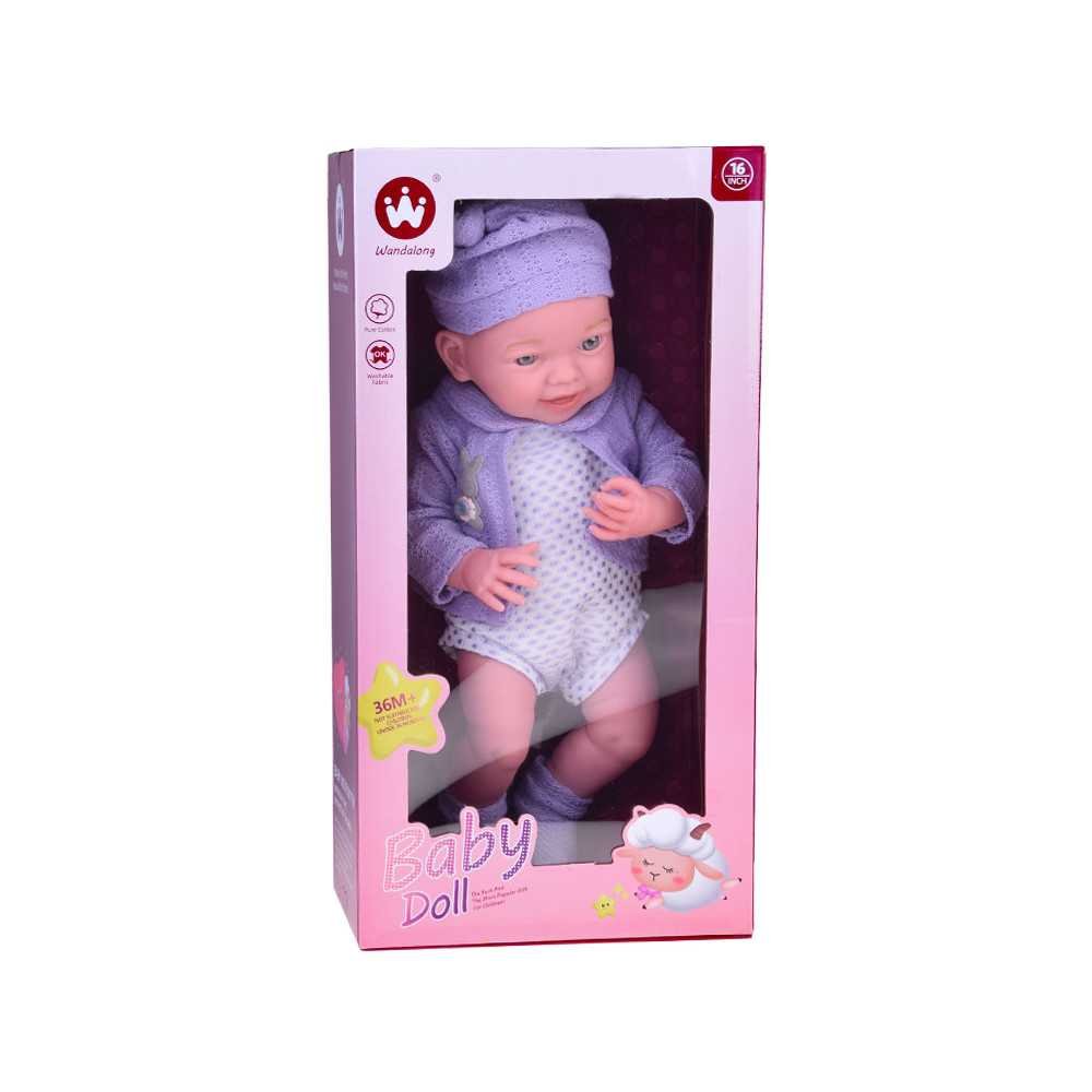 Smiling baby doll in purple sweater + hat 40 cm ZA5321