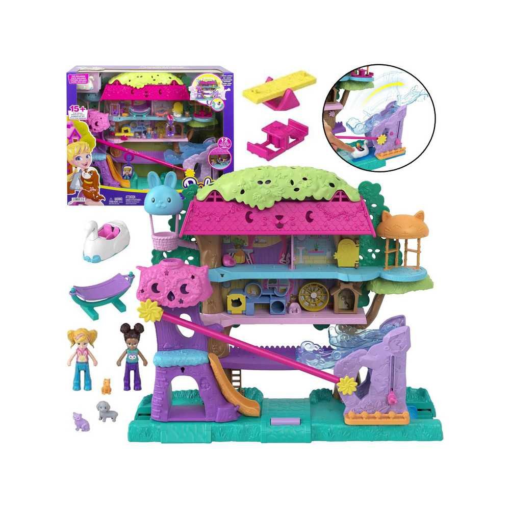 Medžio namelis Mattel Polly Pocket + lėlės su gyvūnais ZA5529-Laikina-e-vaikas