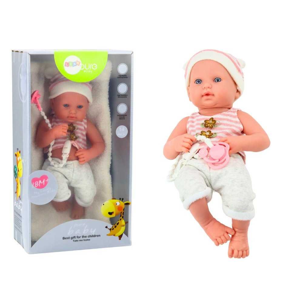 Baby doll in white and pink clothes, hat, pacifier, and blanket-LEANTOYS-e-vaikas