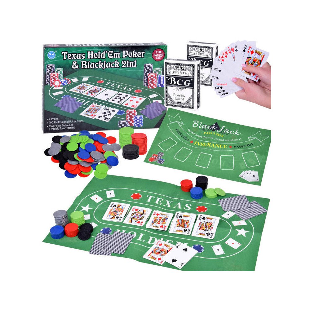 Set Card Game 2in1 Poker and BlackJack Chips + Cards + Board GR0706