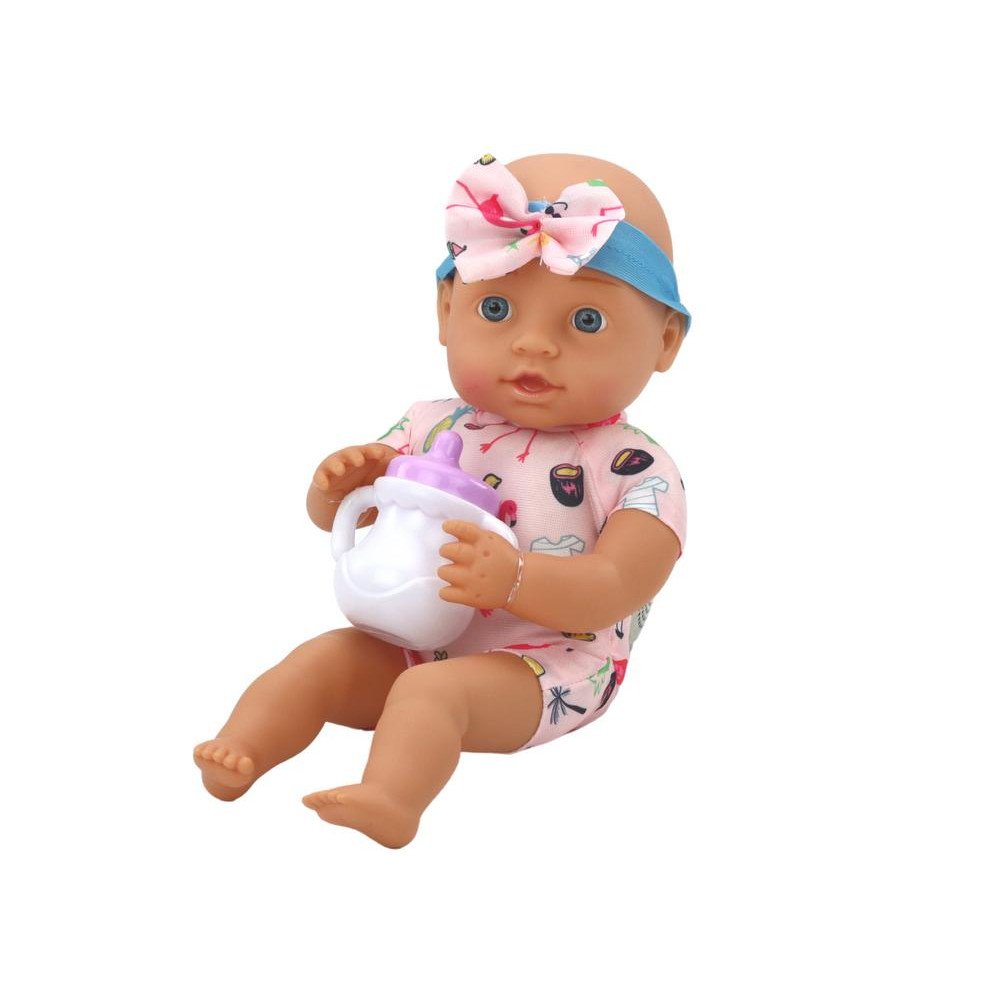 Baby doll, clothes with flamingos, headband, feeding accessories