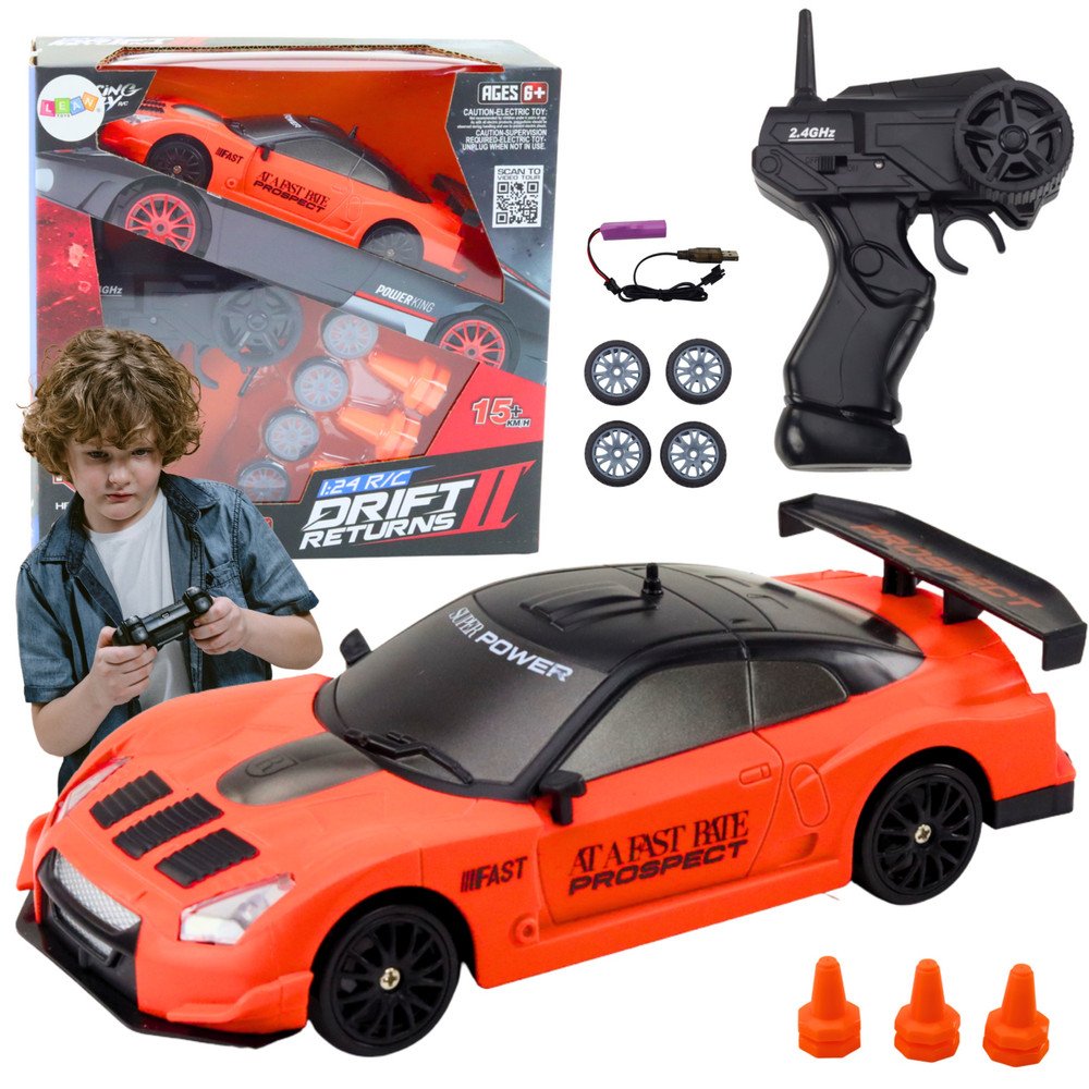 Remote Controlled R/C Sports Car 1:24 Orange Interchangeable Wheels