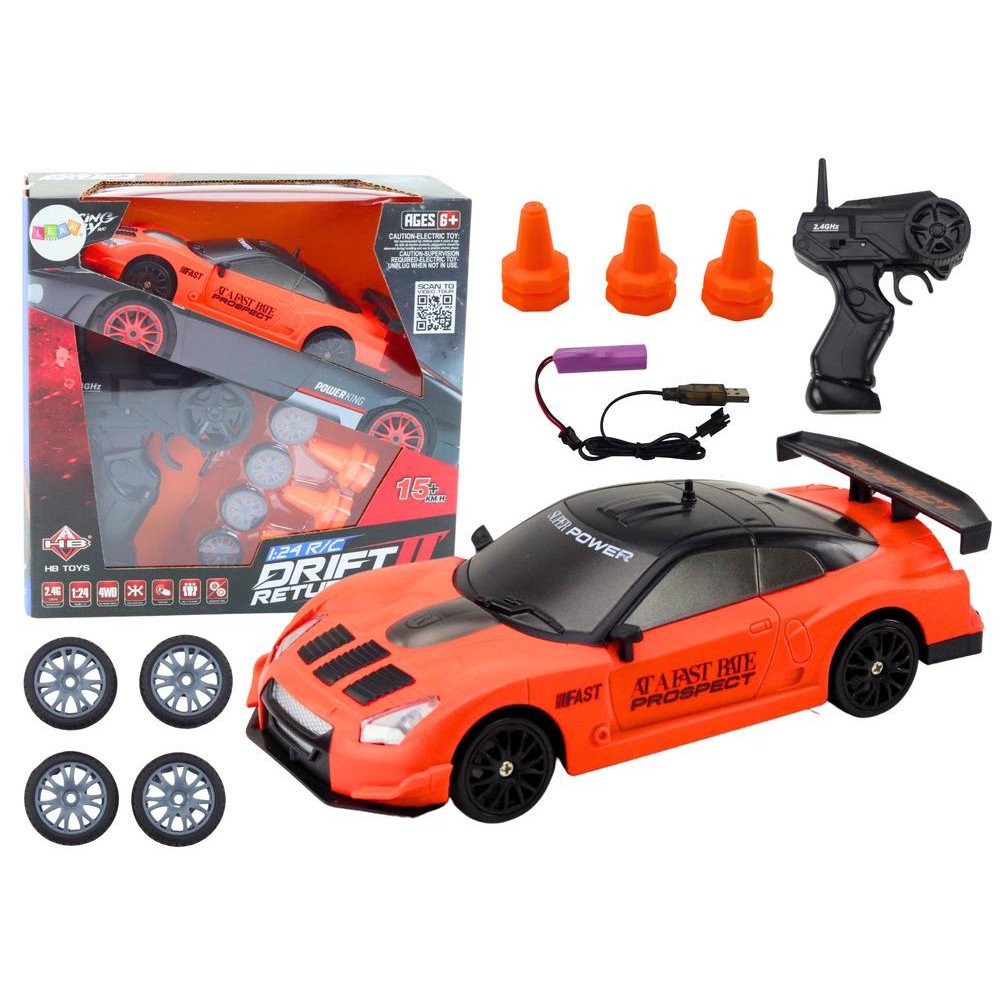 Remote Controlled R/C Sports Car 1:24 Orange Interchangeable Wheels