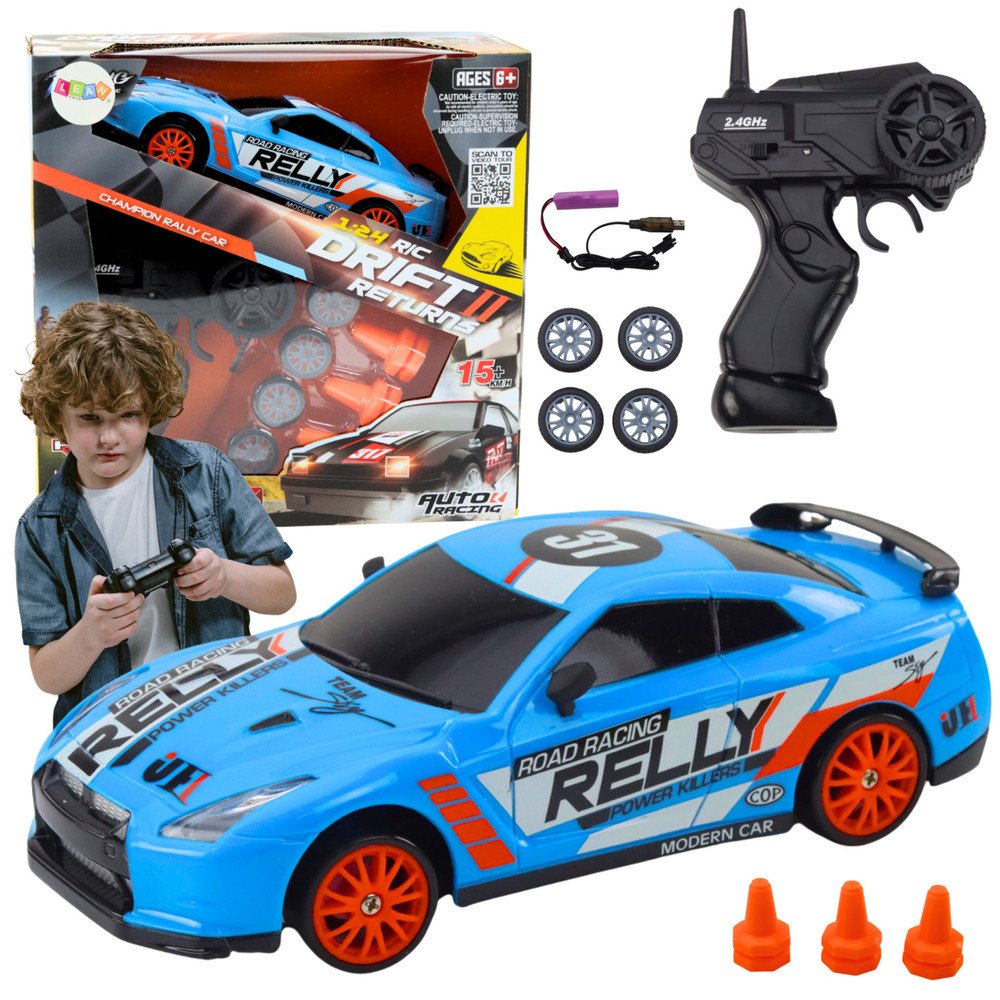 Remote Controlled R/C Sports Car 1:24 Blue Interchangeable Wheels