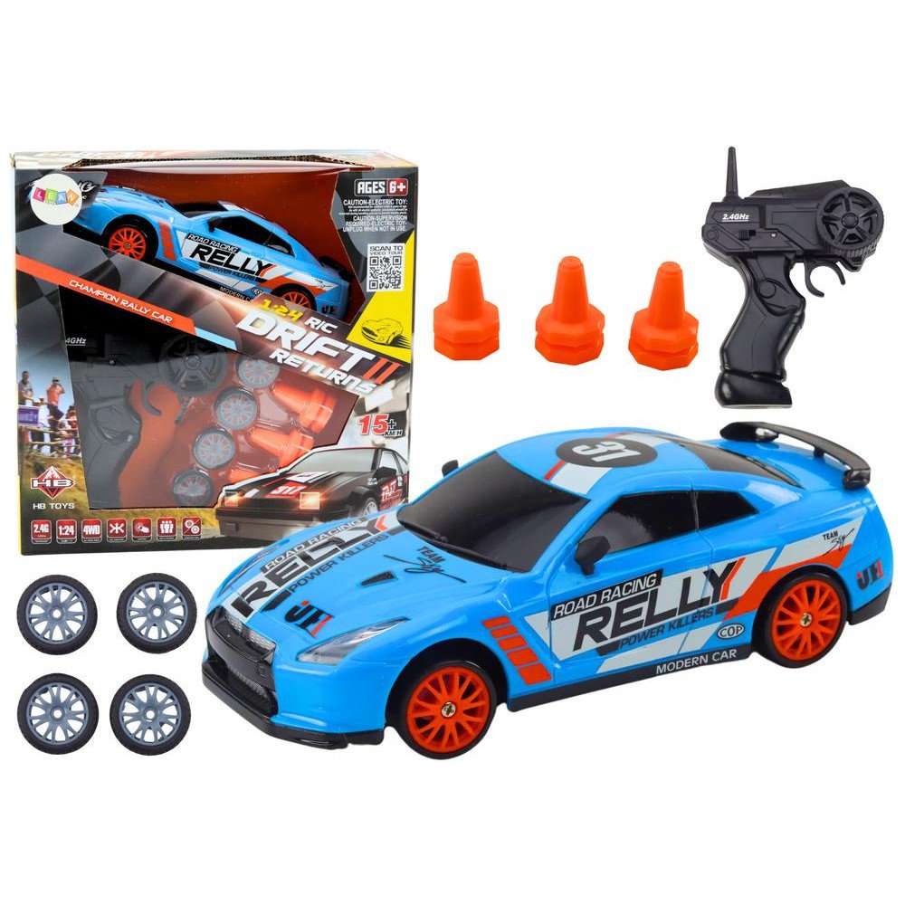 Remote Controlled R/C Sports Car 1:24 Blue Interchangeable Wheels