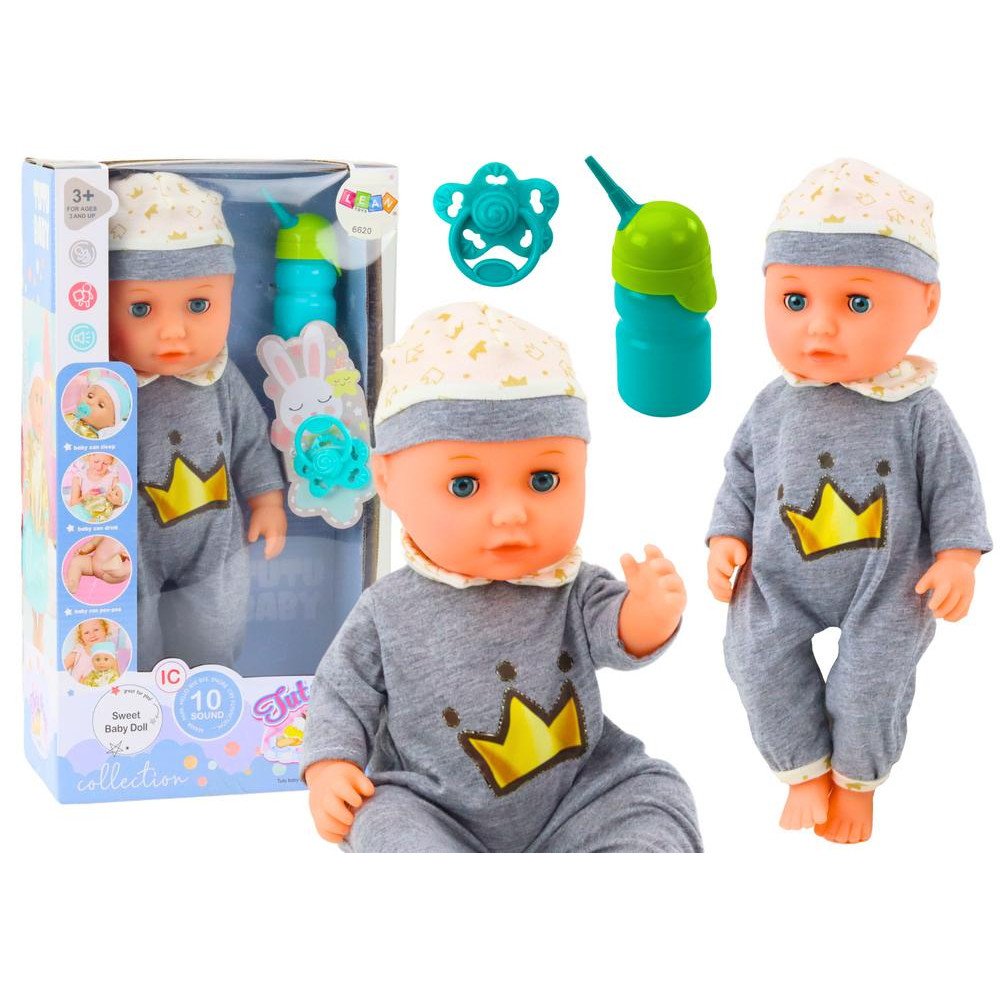 Baby Doll In Gray Pajamas Peeing Bottle Pacifier Sounds