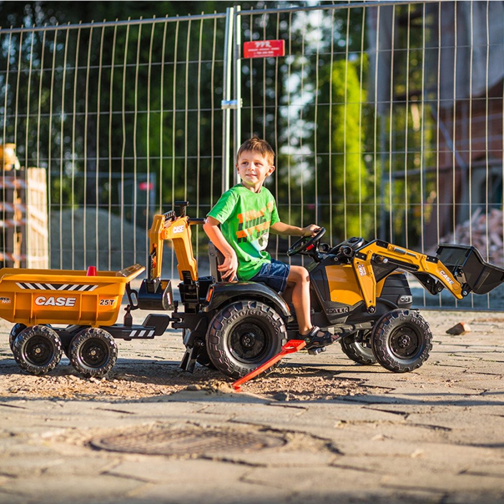 Pedalinis traktorius su priekaba, judančiu kaušu FALK Case IH ekskavatorius oranžinis nuo 3 metų-LEKER-e-vaikas