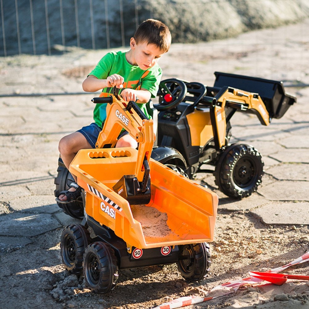 Pedalinis traktorius su priekaba, judančiu kaušu FALK Case IH ekskavatorius oranžinis nuo 3 metų-LEKER-e-vaikas