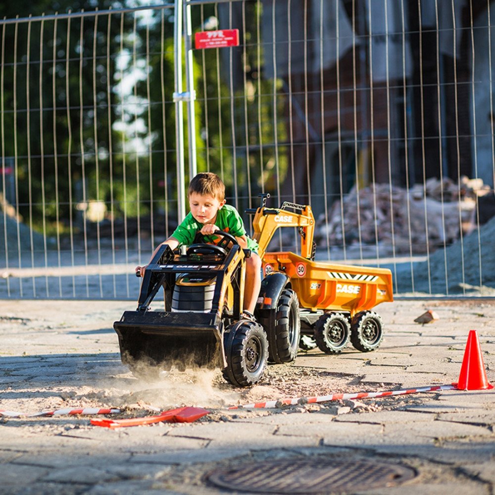 Pedalinis traktorius su priekaba, judančiu kaušu FALK Case IH ekskavatorius oranžinis nuo 3 metų-LEKER-e-vaikas