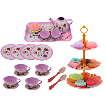 Tea set in a suitcase, cups, plates, cake stand