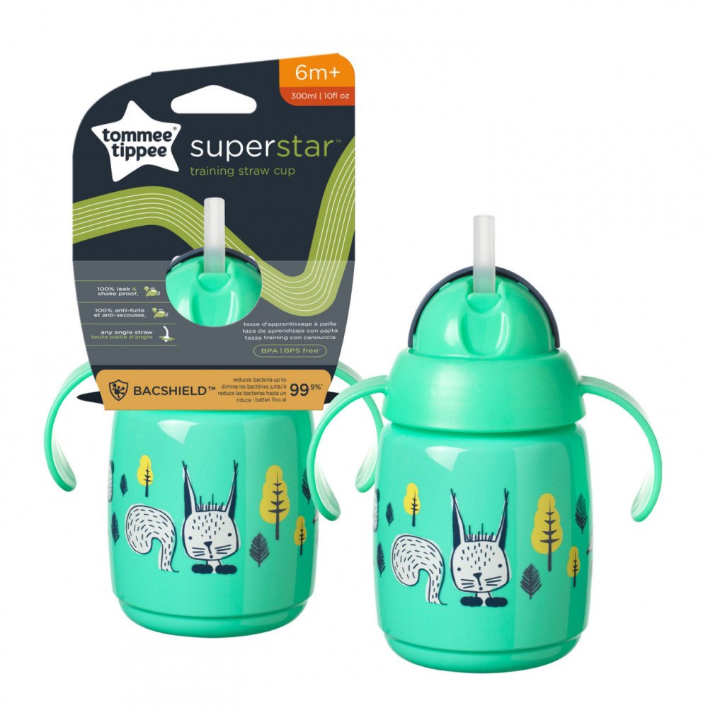 TOMMEE TIPPEE mokomasis puodelis su šiaudeliu, 6mėn+, 300ml, green, 447830-Maitinimui, Indai, įrankiai, gertuvės, Puodeliai, ger