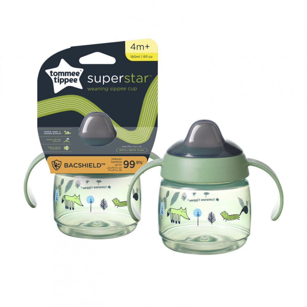 TOMMEE TIPPEE puodelis WEANING SIPPEE, 4 m+, 190ml, green, 447826-Maitinimui, Indai, įrankiai, gertuvės, Puodeliai, gertuvės-e-v