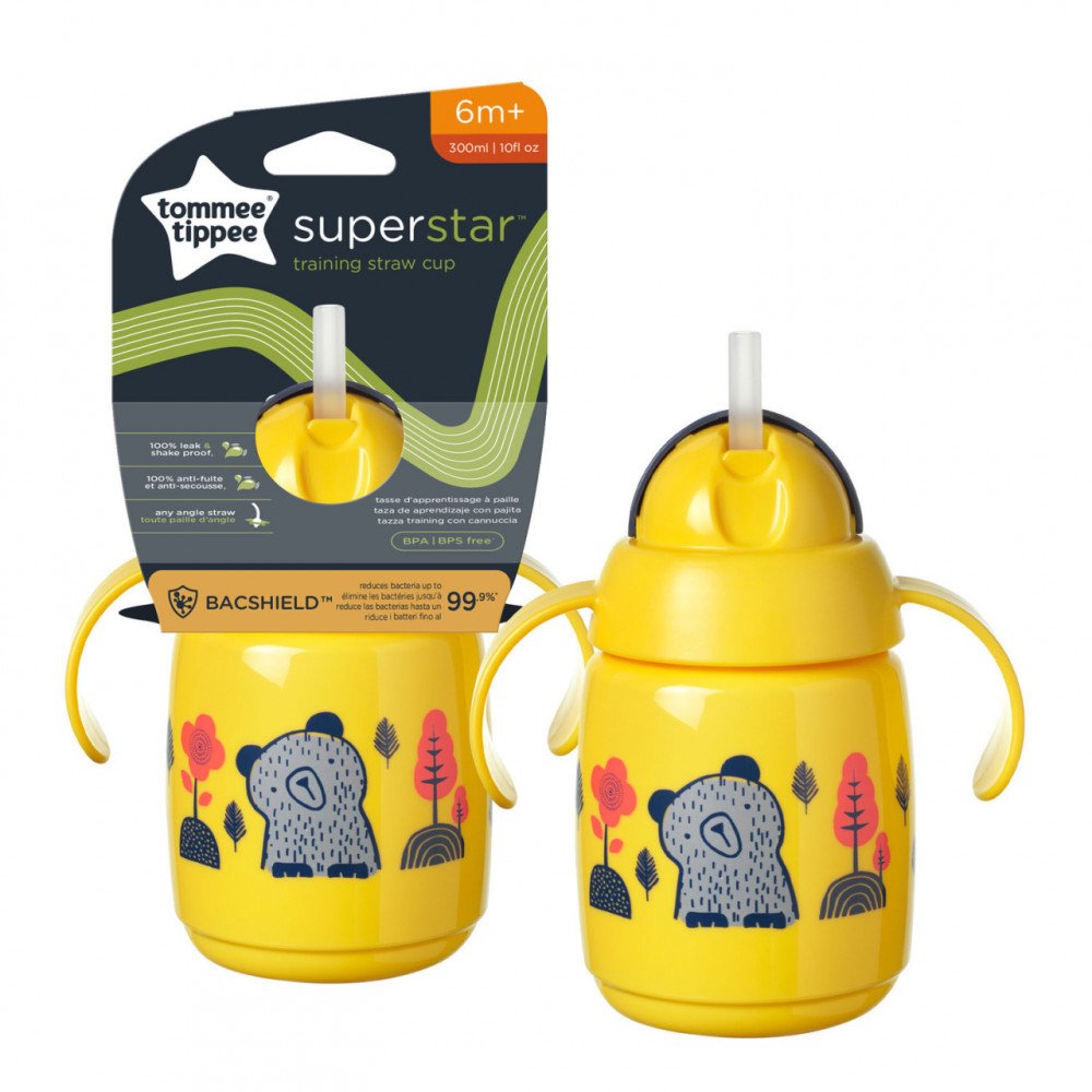 TOMMEE TIPPEE mokomasis puodelis su šiaudeliu, 6mėn+, 300ml, yellow, 447831-Maitinimui, Indai, įrankiai, gertuvės, Puodeliai, ge