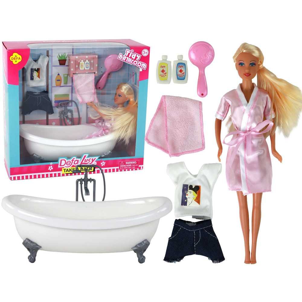 Children's Doll Long Blonde Hair Bathrobe Pink Bathtub Bathroom