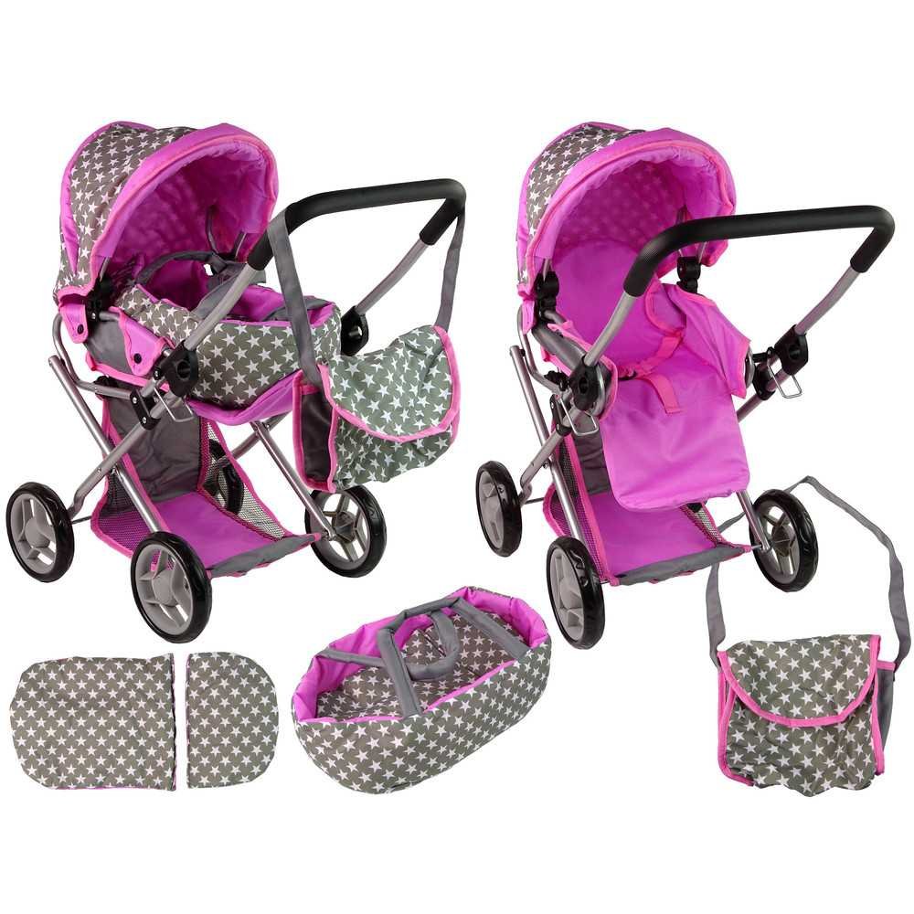 2-in-1 Stroller with Bag Grey Pink Stars