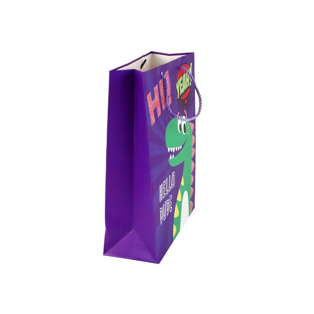 Violetinės spalvos dinozaurų popierinis dovanų maišelis 32 cm x 26 cm x 10 cm