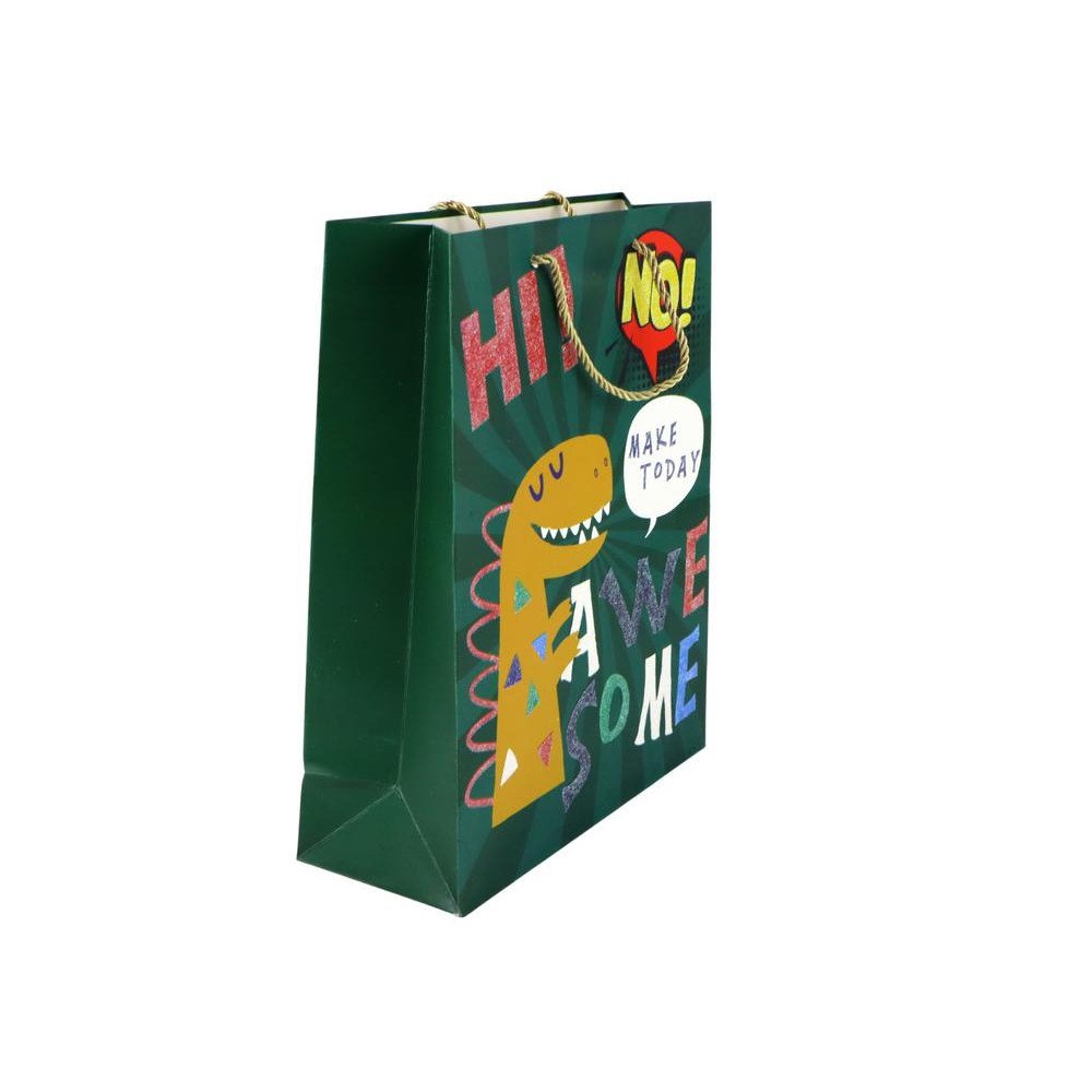 Žalias dinozaurų popierinis dovanų maišelis 41,5 cm x 30 cm x 12 cm