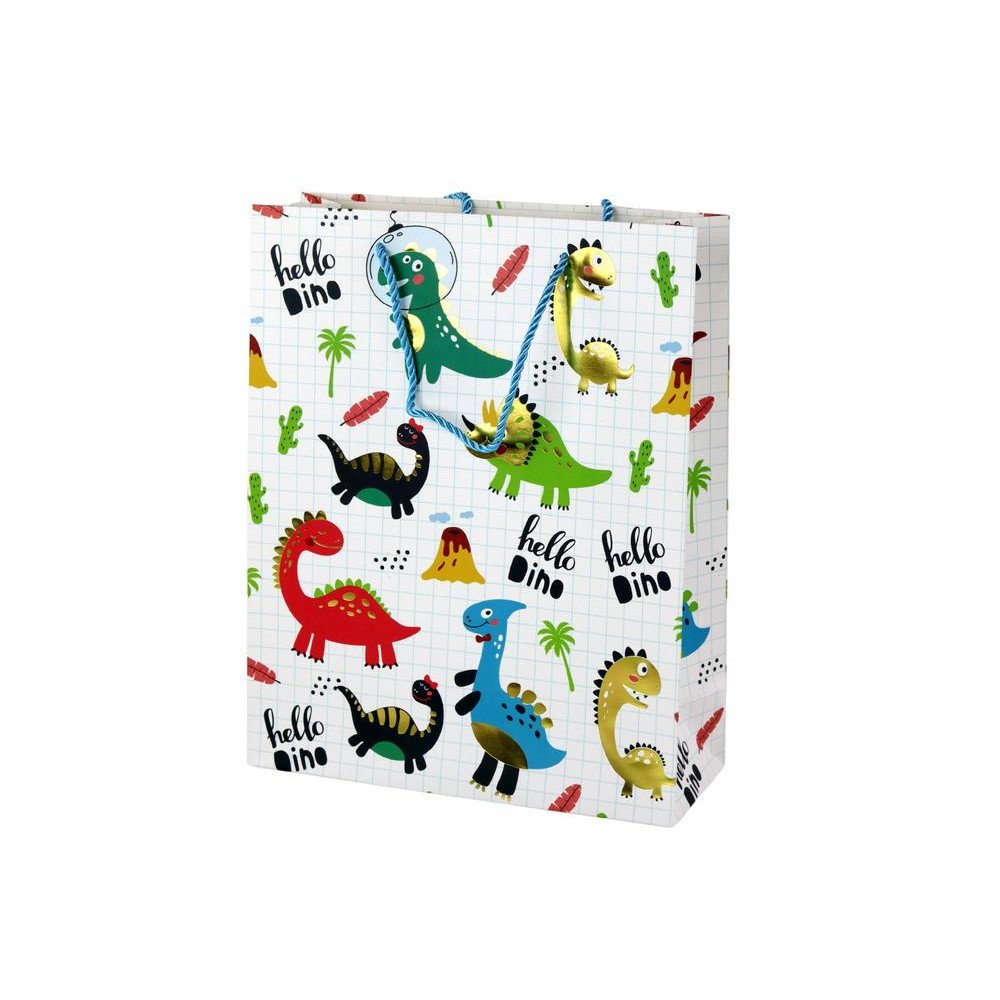 Baltas languotas popierinis dovanų maišelis "Dinozaurai" 32 cm x 26 cm x 10 cm