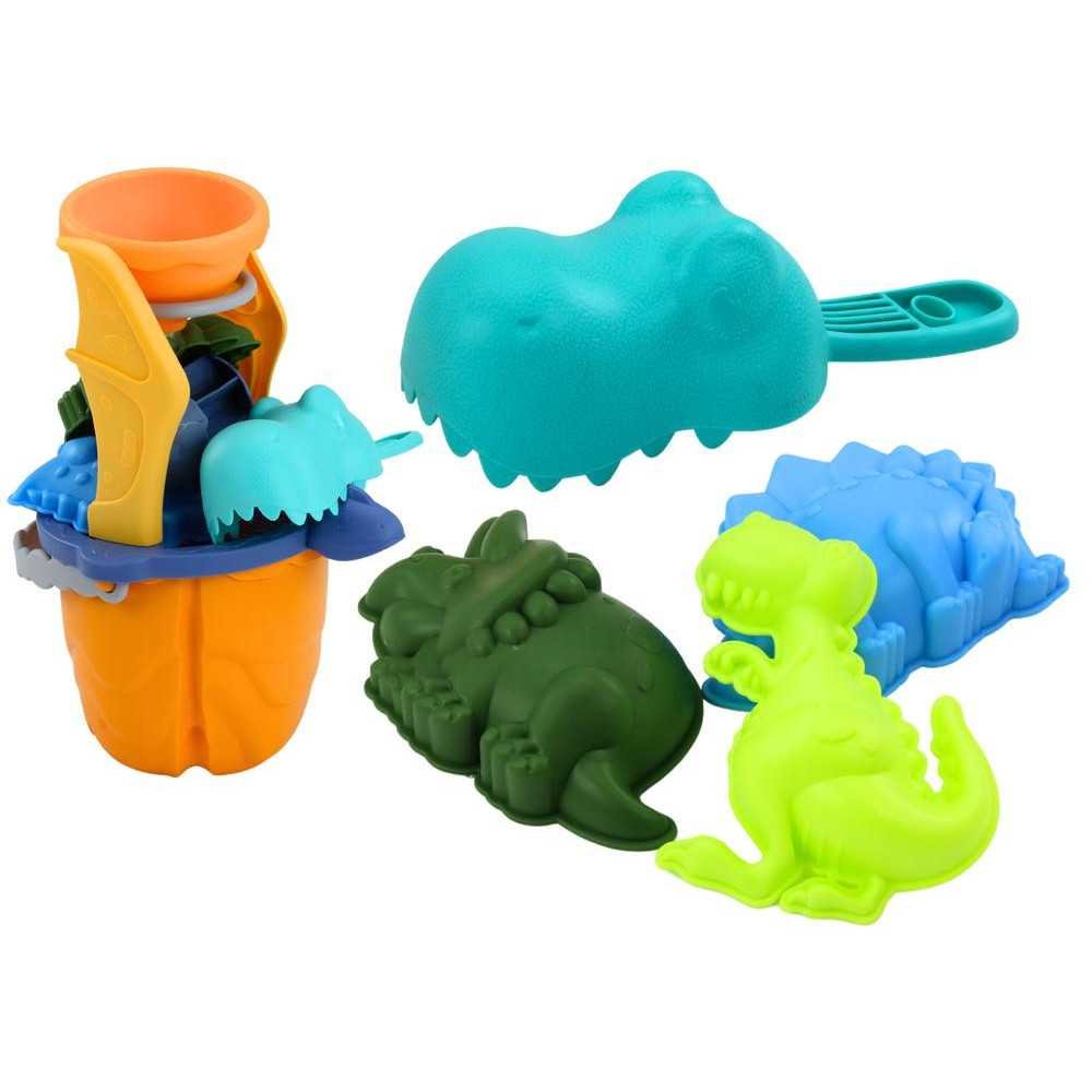 Dinosaur Sand Set, Funnel, Grinder, Molds, Spatula, 7 pieces.