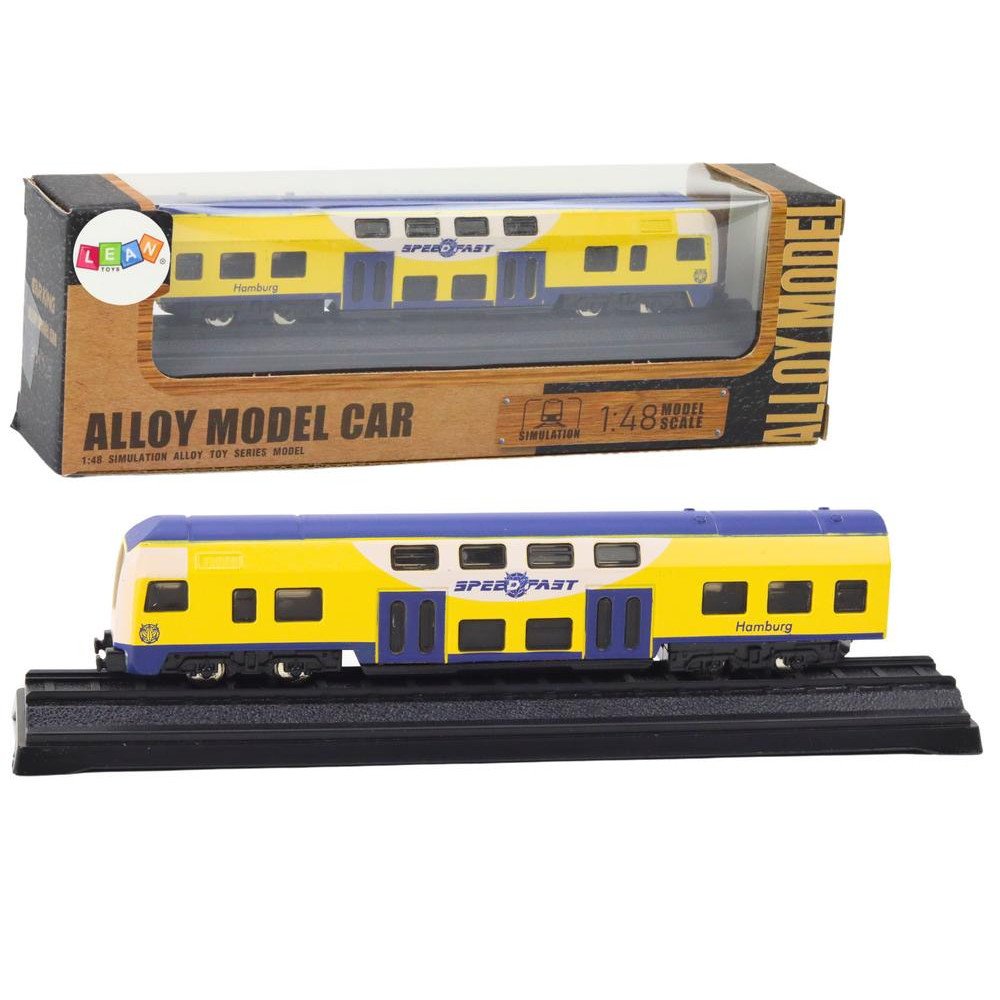 Kolekcinis geltonos ir mėlynos spalvos traukinio modelis 1:48 Metalinis-LEANTOYS-e-vaikas