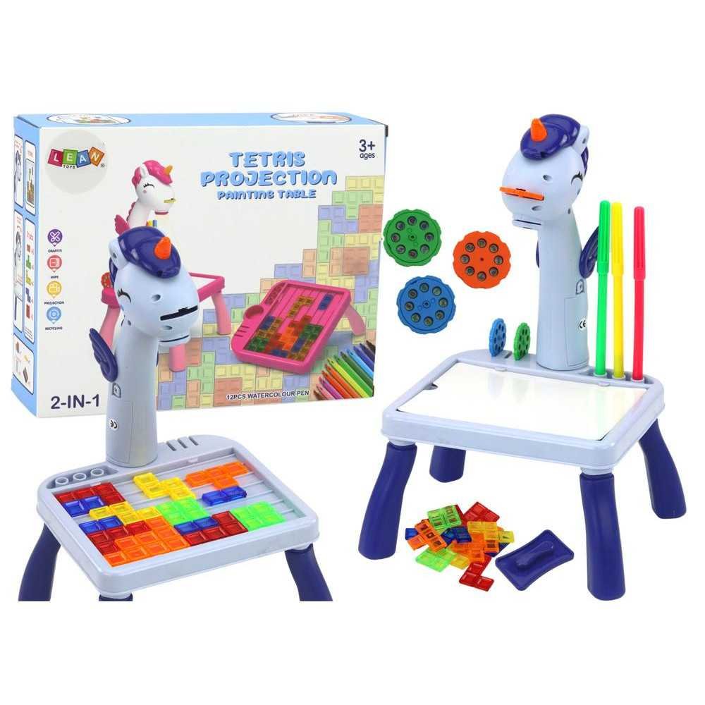 Mini projektorius Tetris stalas 2in1, Mėlynas vienaragis-Žaislai, Lavinamieji žaislai, Molbertai, piešimo lentos-e-vaikas