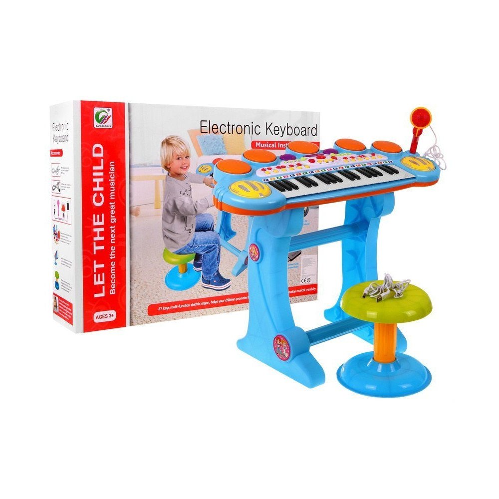 Mėlynas muzikos rinkinys Klaviatūra + būgnai + mikrofonas vaikams 3+ Šviesos + 3 oktavų garsai-RAMIZ-e-vaikas