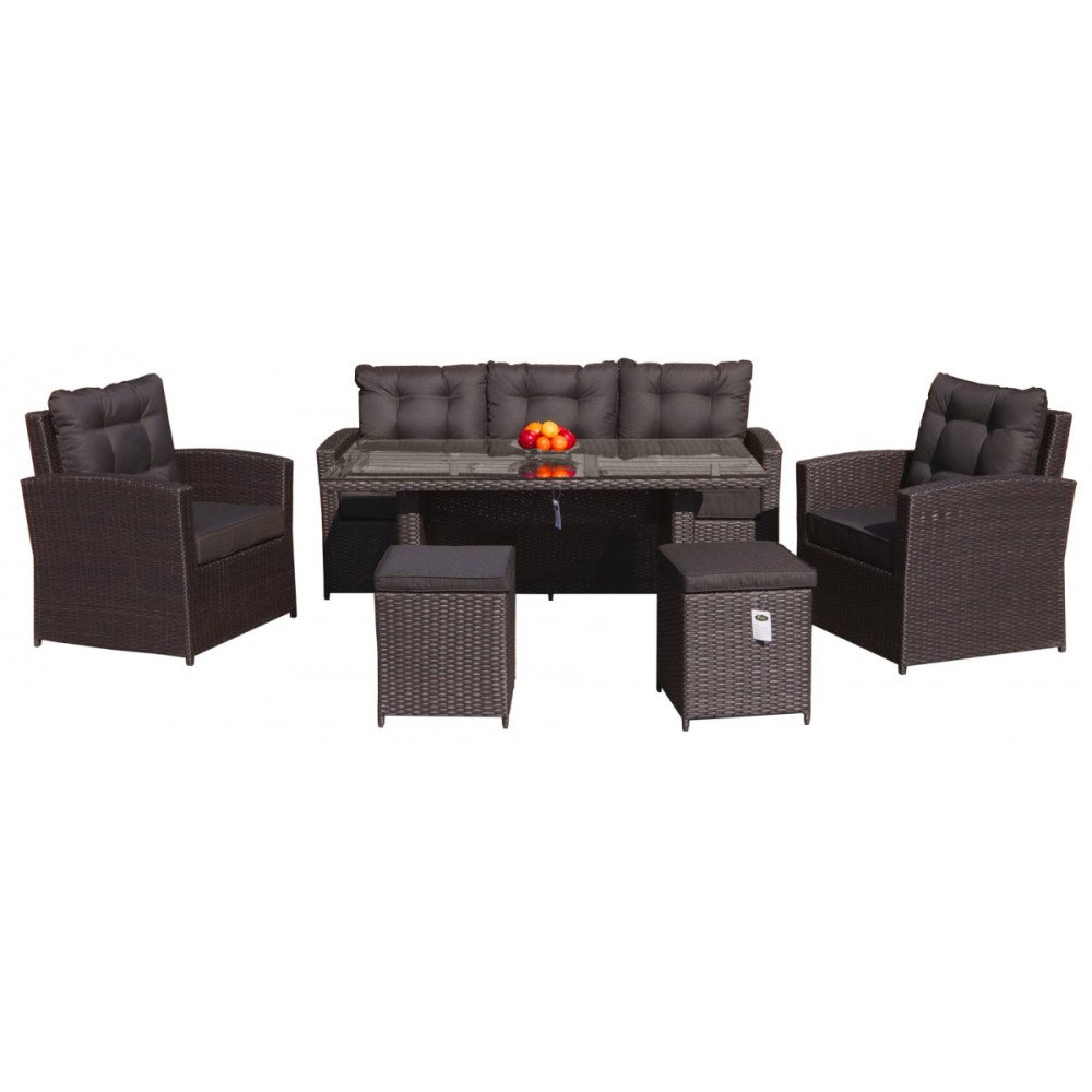 Sodo baldų komplektas 6in1 Techorattan Brown + sofa + aukštas stalas + 2 foteliai + 2 pufai + 12 pagalvėlių-RAMIZ-e-vaikas