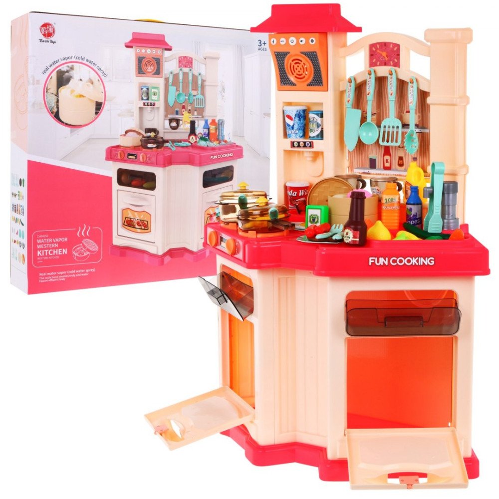 Rožinė vaikiška virtuvė 3+ Radijas + interaktyvus degiklis + garų funkcija + priedai-RAMIZ-e-vaikas