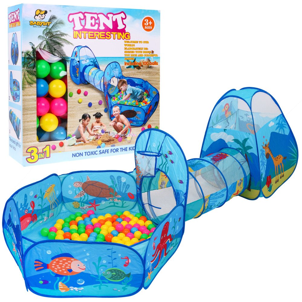"3-in-1" žaidimų aikštelė vaikams 3+ Palapinė su tuneliu + sausas baseinas + kamuoliai + krepšinio kamuolys-RAMIZ-e-vaikas