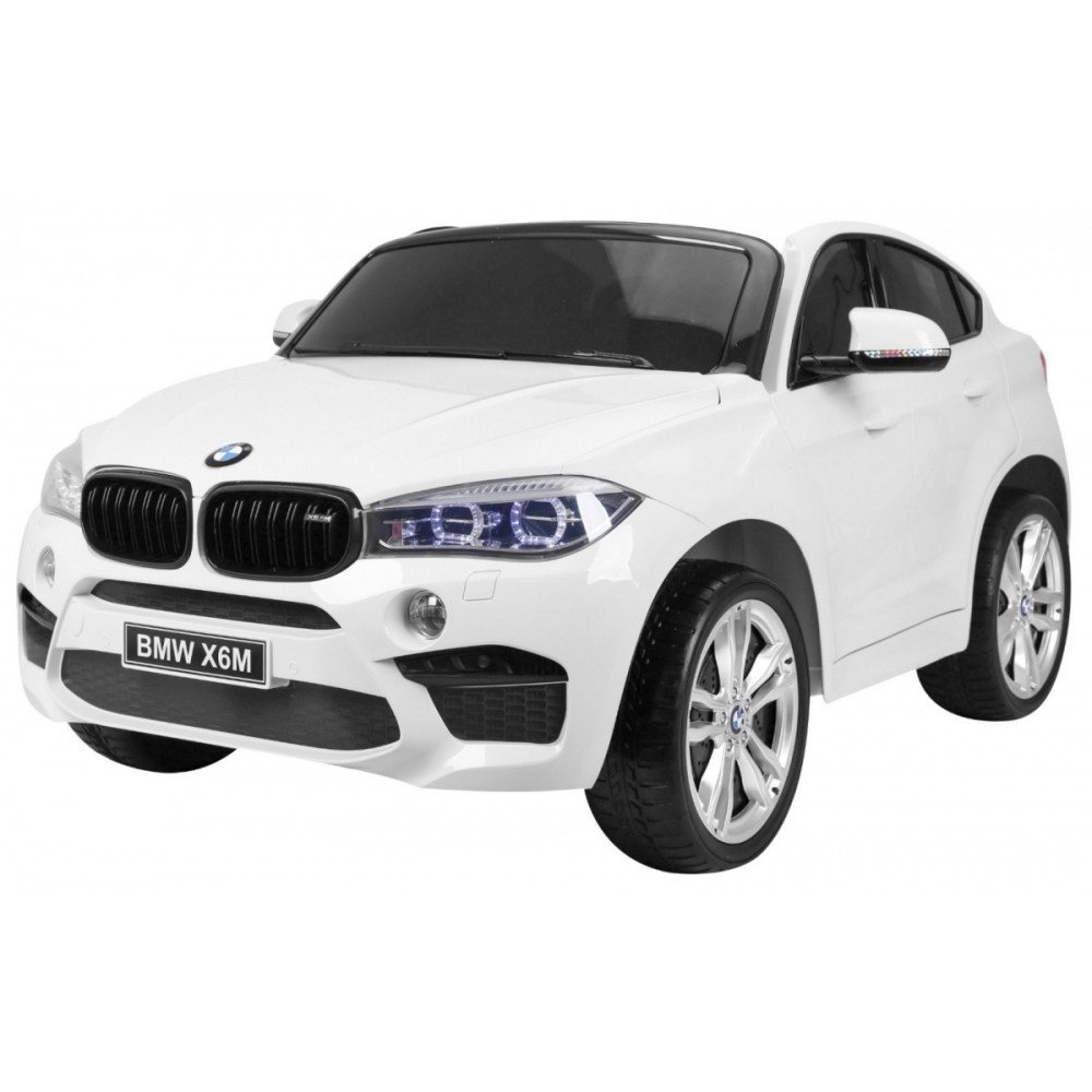 BMW X6M XXL dviems vaikams Baltas + nuotolinio valdymo pultas + ekologiška oda + saugos diržai + lėtas paleidimas + MP3 USB + LE