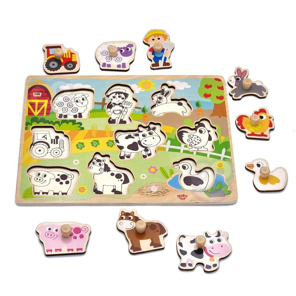 TOOKY TOY Drewniane Puzzle Montessori Farma z Pinezkami Do Dopasowania					