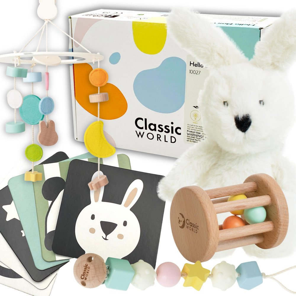 CLASSIC WORLD Pastelinių kūdikių dėžutės rinkinys Pirmieji žaislai nuo 0 iki 6 mėn