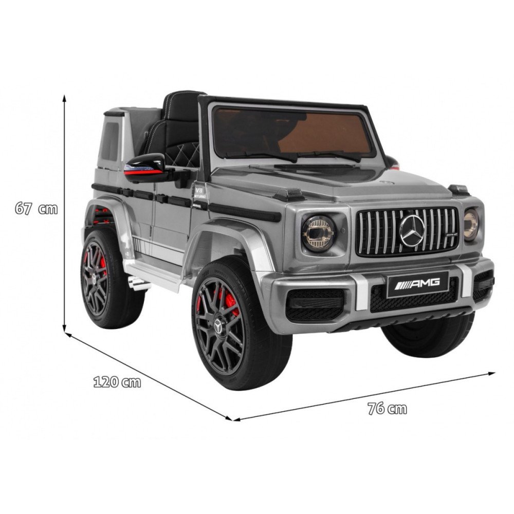 Mercedes AMG G63 vaikams Sidabrinis lakas + nuotolinio valdymo pultas + MP3 LED + lėtas paleidimas + EVA + diržai-Elektromobilia