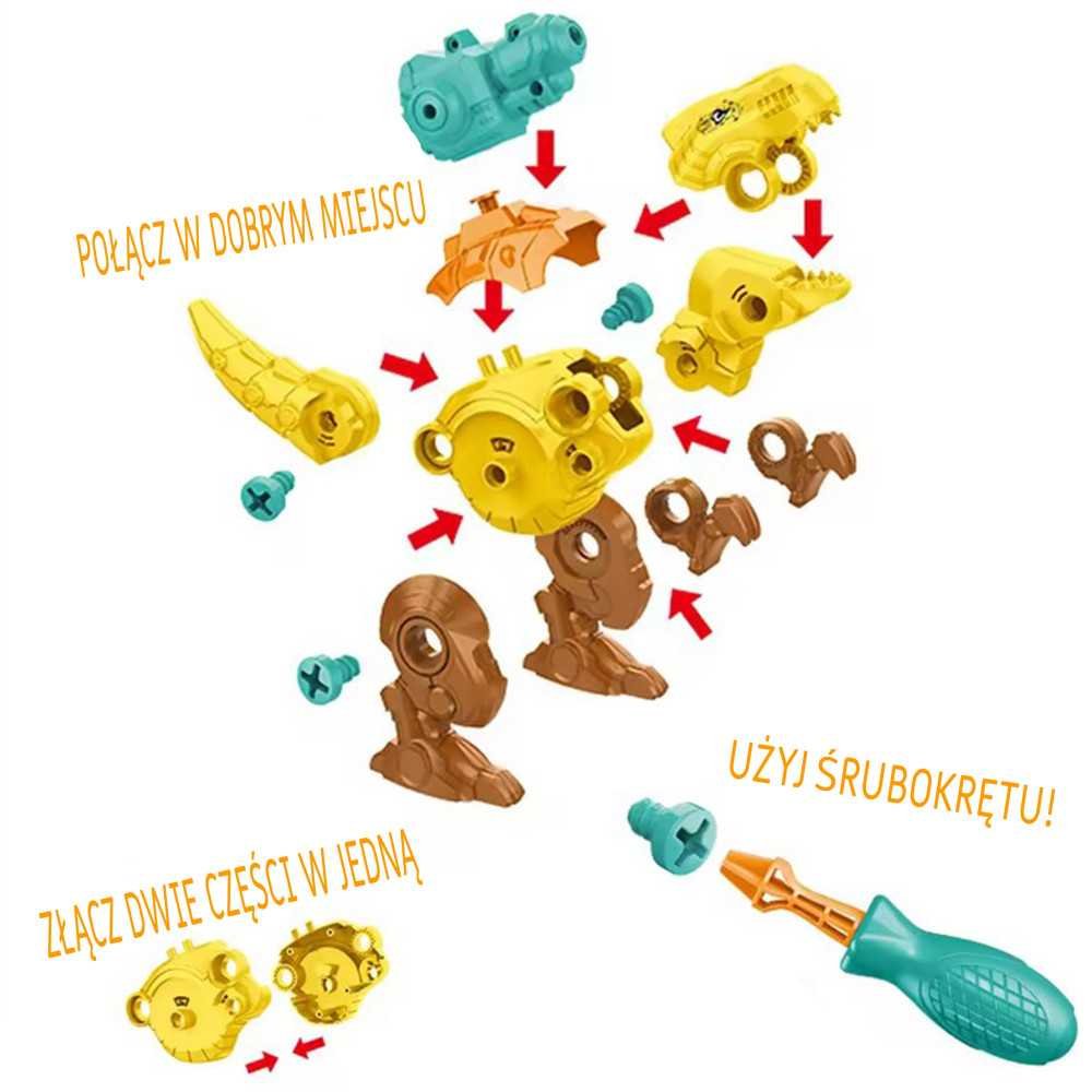 WOOPIE Zestaw Dinozaury do Skręcania 3 szt. Zestaw Konstrukcyjny w Pudełku + Wiertarka i Śrubokręt					