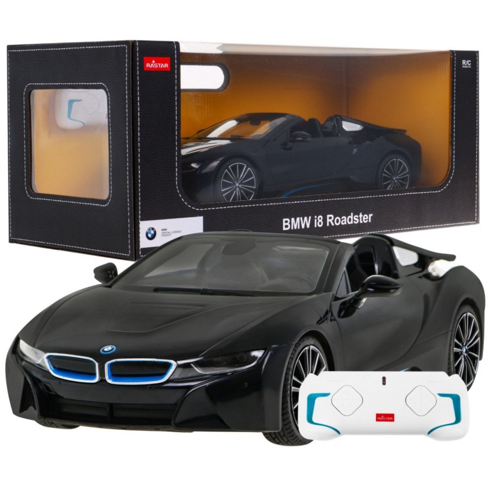 BMW i8 Roadster juodas RASTAR modelis 1:12 Nuotolinio valdymo automobilis + 2,4 GHz nuotolinio valdymo pultas